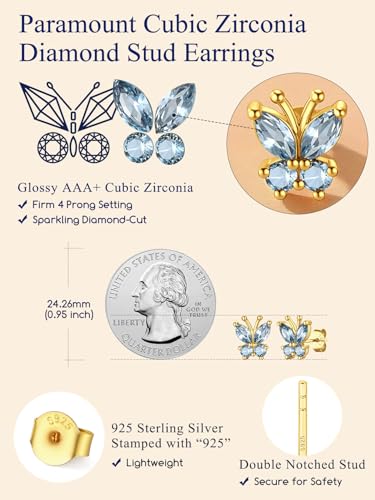 Suplight Butterfly Stud Earrings 925 Sterling Silver 14K Gold Brithstone Earrings for Women Brithstone Jewelry Gifts - color: 03.March( Aquamarine), size: Gold