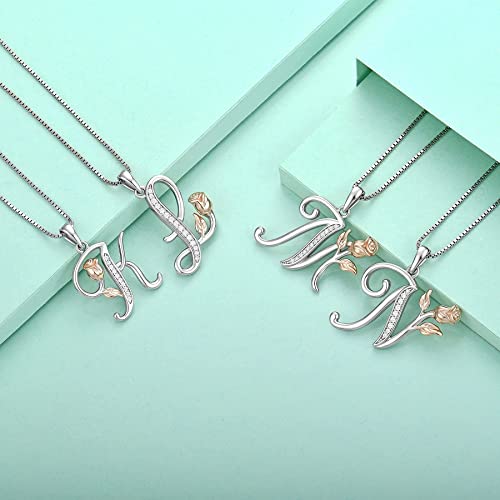 STARCHENIE Initial Necklace for Women Sterling Silver Letters 26 Alphabet Pendant Rose Flower Jewelry Gifts for Family Sisters Friend - color: M