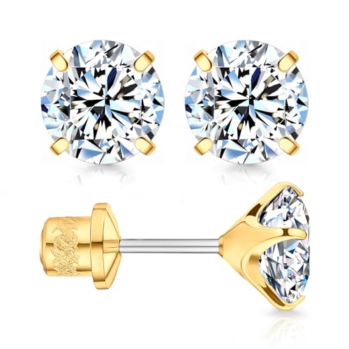 Limerencia Moissanite Stud Earrings, F136 Titanium Screw Back Earrings, D Color VVS1 Clarity Lab-created Moissanite Earrings, Hypoallergenic G23 Pure Titanium for Women Men Sensitive Ears - color: Gold, size: 6mm