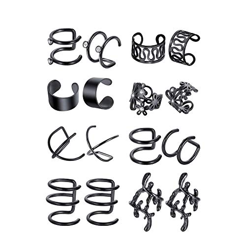 16pcs Stainless Steel Ear Cuff Earrings for Men Women Non Piercing Clip On Cartilage Earcuff Wrap Hypoallergenic Earrings Set - color: black