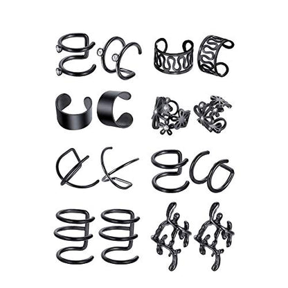 16pcs Stainless Steel Ear Cuff Earrings for Men Women Non Piercing Clip On Cartilage Earcuff Wrap Hypoallergenic Earrings Set - color: black