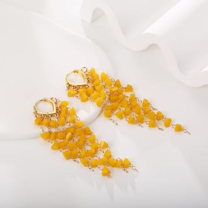 Fringe Hoop Dangle Earrings, Long Beads Tassel Chain Earrings for Women Sparkly Chandelier Earrings - color: Yellow