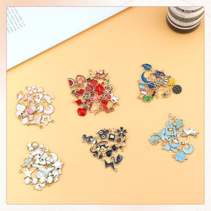 JIALEEY 100PCS Gold Plated Enamel Charms Mixed Moon Star Fruit Animal Charm Colorful Pendant DIY for Necklace Bracelet Jewelry Making and Crafting