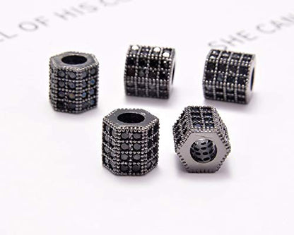 AD Beads Zircon Pave Rhinestones Big Hole Hexagon Spacer Beads 7x8mm 5Pcs Black on Gunmetal - color: 5 Pcs Black on Gunmetal Hexagon (7x8mm)