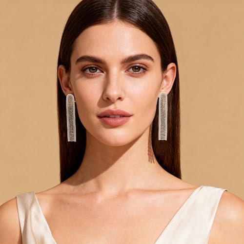 Fringe Dangling Tassel Earrings for Women, Handcrafted Chandelier Long Bohemian Beaded Cubic Zirconia Crystal Imitation Pearls Inlay Statement Boho Chain Hook Earrings for Wedding Party - color: Gold White Clear Crystal