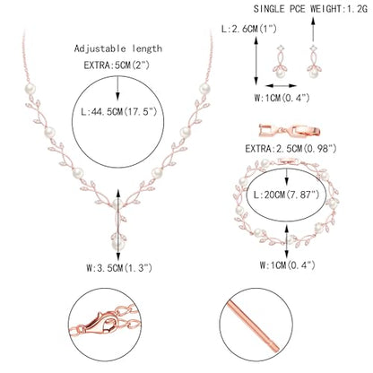 EVER FAITH Cubic Zirconia Pearl Leaf Bridal Jewelry Set for Bride Women | White Wedding Prom Necklace Dangle Earrings Bracelet, for Bridesmaid - color: Pearl_Rose Gold-Plated-Brass