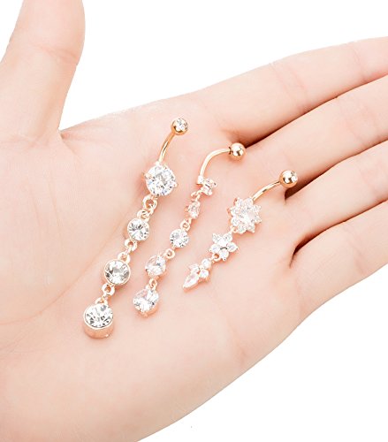 3-6PCS 14G 316L Stainless Steel Belly Button Rings for Women Navel Rings Barbell Dangle Flower CZ Body Piercing - color: B: 3 Pcs Rose-tone
