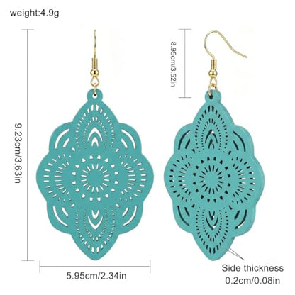 Boho Black Filigree Dangle Earrings for Women, Lightweight Hollow Lace Drop, Wood, 3.34" x 1.69", Bohemian Jewelry - color: Sky Blue