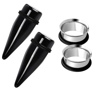 2 Pairs Black Acrylic Ear Tapers and 316L Stainless Steel Tunnels Plugs Gauges Ear Stretching Kit - color: Gauge: 1" (25mm)