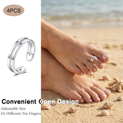JFORYOU Toe Rings for Women Adjustable Open Toe Rings with Anklet Set CZ Flower Toes Ring for Summer Beach Foot Jewelry - color: 4pcs-silver toe rings Style C