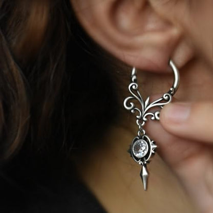 PUNKYOUTH Gothic Crest Dangle Drop Hoop Earrings Dark Alternative Piercing Jewelry 18G 1mm Antique Finish Ornate Scroll Cubic Zirconia Spike Statement Everyday Wear Accessories For Women Men - color: Crest earring-Silver