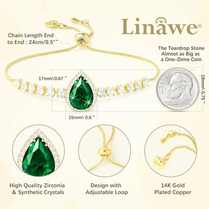Linawe Crystal Imitation Diamond Rhinestone Charm Bracelets for Women, Gold/Silver/Rose Gold Adjustable Chain Bracelet, Teardrop Birthstone Cubic Zirconia Prom Costume Wedding Jewelry - color: Gold,May