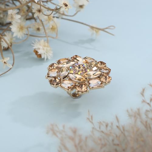 Xerling Red Rhinestone Big Flower Rings Women Crystal Cocktail Party Rings Bridal Wedding Prom Ring Aesthetic Costume Rings for Teens - color: Champagne
