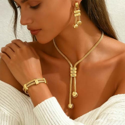 CLOACE Gold Long Choker Necklace Set Punk Cuban Y-Necklaces and Bracelet Fashion Chain Jewelry Accessories for Women - color: G-3
