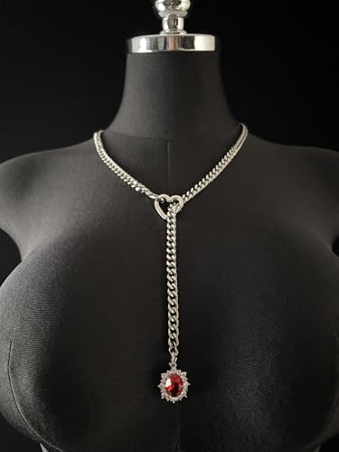Women's Heart O-Ring Slip Chain Necklace, Double Layered Adjustable 39'' Cuban Chain with Detachable Heart Clasp and Colorful Rhinestone Pendant - color: 25'' Silver-Royal Red