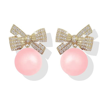 Pearl Bow Earrings for Women Coquette Aesthetic Jewelry Rhinestone Bow Earrings for Bridesmaids Wedding Party Accessories Bridal Costume Accents Bowknot Themed Gifts - color: C3: Pink Pearl Bow Earrins