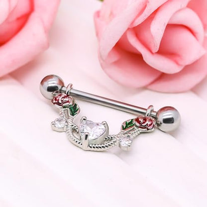 2pcs 14G Nipple Rings Flower Nipple Bars Surgial Steel 316L Nipple Piercing Jewelry Heart Nipple Barbell for Women - color: WHITE HEART