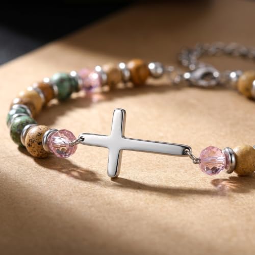 Natural Stone Beaded Bracelet for Women with Wave/Cross Charm - Stainless Steel Adjustable Resilience & Faith Jewelry, Earthy Boho Gift for Her - color: Silver-Cross