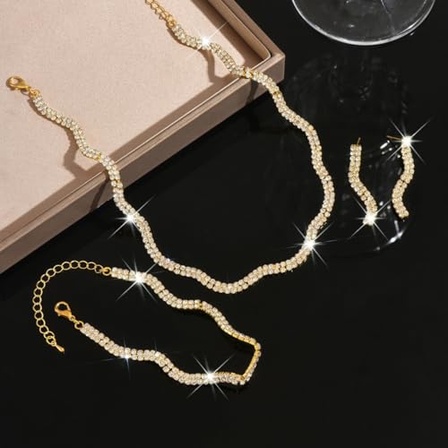 Gold Rhinestone Jewelry Set for Women Crystal Choker Necklaces Drop Earrings Adjustable Bracelet Elegant Prom Bridal Jewelry - color: Gold