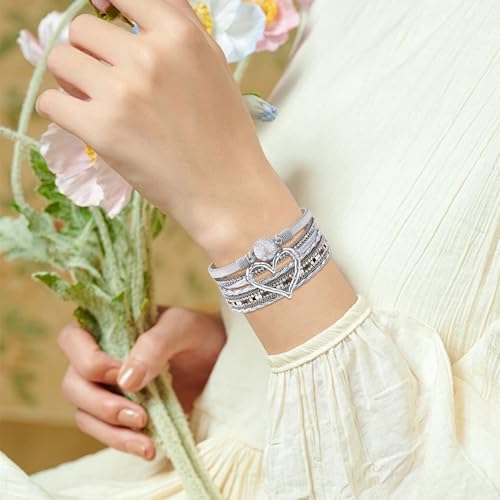 VIBILIA Boho Leather Wrap Bracelets for Women Multi-Layer Bracelets | With Strong Clasp Jewelry for Women - color: 01-Heart-Silver