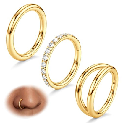 BodyBonita 3pcs Nose Rings Hoops - Double Hoop Nose Ring 14/16/18/20G Hinged CZ Piercing Jewelry Septum Clicker Rings Cartilage Earring Helix Rook Tragus Daith 7mm/8mm/9mm/10mm - color: 14K Gold Plated, size: 14 gauge(1.6mm)-10mm