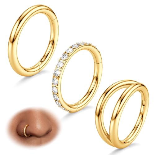 BodyBonita 3pcs Nose Rings Hoops - Double Hoop Nose Ring 14/16/18/20G Hinged CZ Piercing Jewelry Septum Clicker Rings Cartilage Earring Helix Rook Tragus Daith 7mm/8mm/9mm/10mm - color: 14K Gold Plated, size: 14 gauge(1.6mm)-10mm