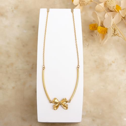 Gold Pendant Pearl Layered Choker Necklace Set for Woman, Chunky Charm Adjustable Pearls Bead Gemstone Shell Conch Tiger Eye Natural Stone Bow Chain Nacklaces Fall Fashion Prom Jewelry Gift. - color: Bow