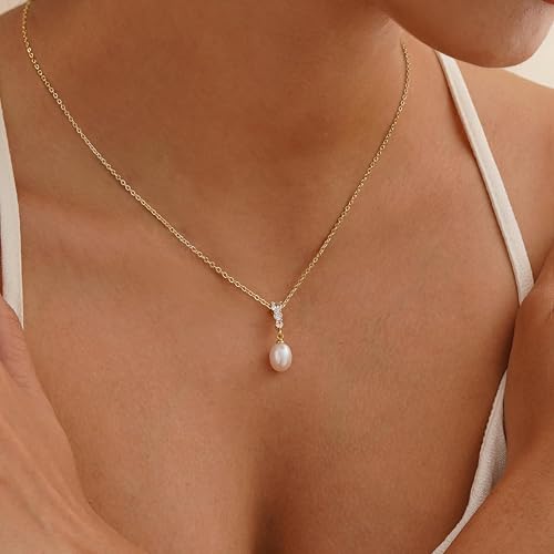 Pearl Necklaces for Women,Dainty Gold Pendant Necklaces Waterproof Jewelry | 14K Gold Plated Pearl Necklaces,Dainty Elegant Wedding Necklace,Small Cute Adjustable Minimalist Necklace,Non Tarnish Jewelry - color: GOLD-4