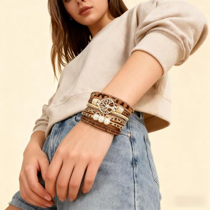Leather Wrap Bracelets for Women, Boho Leopard Multi-Layer Crystal Beads Cuff Jewelry - color: J-Warp-001