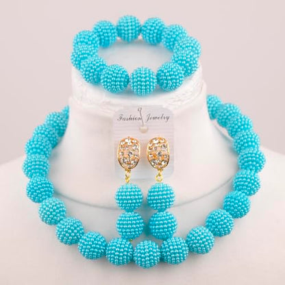 Nigerian Wedding African Beads Jewelry Set Women Simulated Pearl Necklace and Earrings - color: Lake Blue