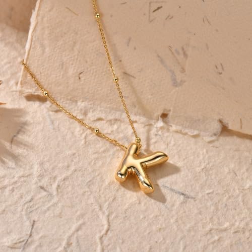 LUCA SMITH 2-Piece Initial Necklaces for Women, Dainty Balloon Bubble A-Z Letter Necklace Set, Name Letter Alphabet Pendant Layered Choker Necklaces Personalized Jewelry Gift - color: Gold bubble letter necklace, style: Initial Set-K