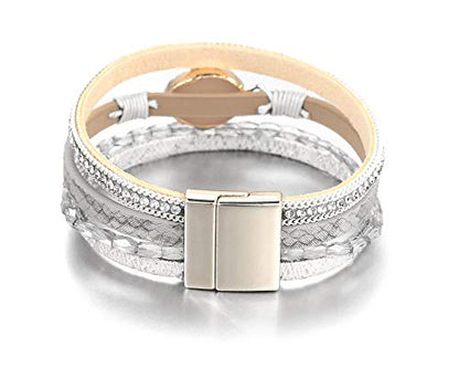 Fesciory Leather Wrap Bracelet for Women, Boho Western Layered Cuff Jewelry | Stackable Bracelets, Easy-On Clasp, Daily Wear, Pairs with Boho Western Outfits, Gift for Women - color: White2