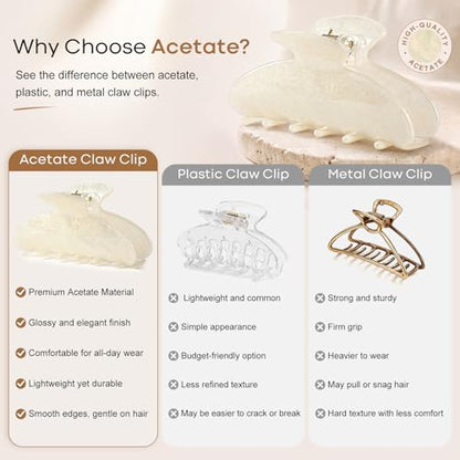 Aileam Acetate Hair Claw Clips for Women,White Beige hair clip French Design Strong Hold Non-Slip claw clips for Thick Hair, 2 Pack - color: Ivory & White