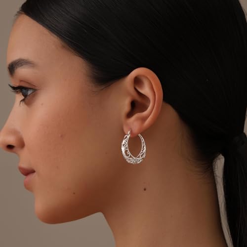 LeCalla 925 Sterling Silver Hoop Earrings | Women's Filigree Hoop Earrings | Openwork Mesh Filigree Cut Earring | Lightweight & Hypoallergenic Vintage Hoop Earrings for Women - style: Round Heart Filigree