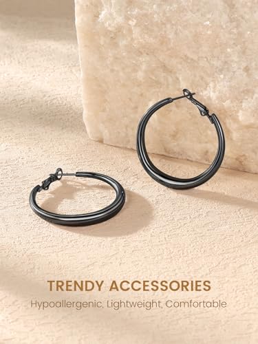 KeyStyle 5mm Thick Hoop Earring，Large Gold Hoop Earrings for Women | Stainless Steel Hoops Earring 14K Gold Plated/Silver/Black Hoop Lightweight Hypoallergenic Hollow Tube Hoop(40/60/80MM) - color: Black, size: 40mm