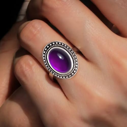 Natural Oval Stone Boho Ring,Retro Antique S925 Sterling Silver Crystal Quartz Gemstone Bohemian Statement Handmade Ring Jewelry for Women Her - color: B02_Uruguay Amethyst