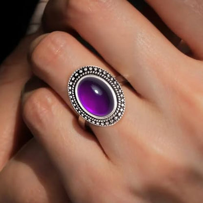 Natural Oval Stone Boho Ring,Retro Antique S925 Sterling Silver Crystal Quartz Gemstone Bohemian Statement Handmade Ring Jewelry for Women Her - color: B02_Uruguay Amethyst