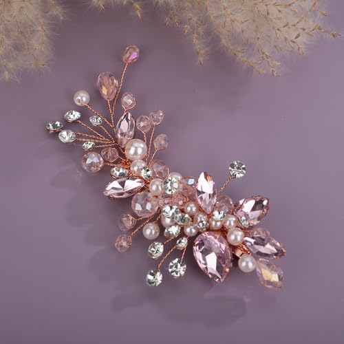 Teyglen Bridal Rhinestone Hair Clip Pink Pearl Crystal Hair Barrette Sparkly Hair Piece Wedding Hair Clips Hair Accessories Jewelry for Women (Pink) - color: Pink