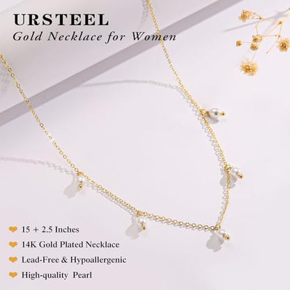 Ursteel 14K-Gold-Plated Necklace for Women Girls, Cute Daisy Pearl Necklace for Girls Clover Butterfly Cubic Zirconia Flower Evil Eye Station Necklaces for Women Teen Girl Gifts - color: Pearl