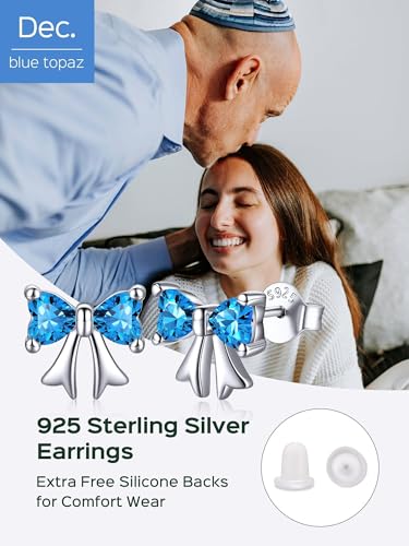 ChicSilver 925 Sterling Silver Bow/Butterfly Earrings for Women Hypoallergenic Birthstone Earrings Dainty Bow/Butterfly Jewelry Gift for Women - color: Bow-December-Blue Topaz