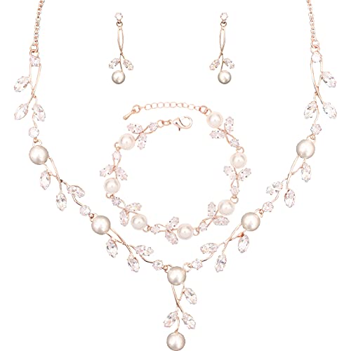 Luxury Cubic Zirconia Aurtrian Crystal Pearl Floral Necklace Dangle Earrings Wedding Bridal Jewelry Set Birthday Gifts for Her - color: Style2-Clear-Rose Gold Plated