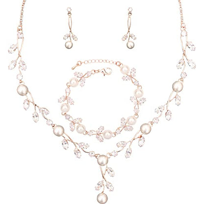 Luxury Cubic Zirconia Aurtrian Crystal Pearl Floral Necklace Dangle Earrings Wedding Bridal Jewelry Set Birthday Gifts for Her - color: Style2-Clear-Rose Gold Plated
