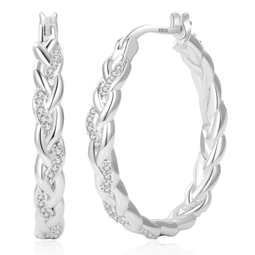 Senteria Silver Twisted Hoops Earring for Women Hypoallergenic Sterling Silver Post Hoop Earrings with AAA+ Cubic Zirconia 14K Gold Plated Hoop Earrings for Women 30/40/50MM - color: Silver-40MM