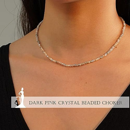 JSJOY Tiny Crystal Beaded Choker Necklaces for Women Colorful Beaded Necklace Dainty Choker Necklaces Simple Boho Jewelry Gifts for Teens Handmade Shining Bead Necklaces Gifts - color: Dark Pink