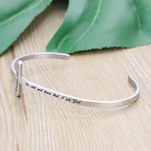𝐂𝐫𝐨𝐬𝐬 𝐁𝐫𝐚𝐜𝐞𝐥𝐞𝐭 Religious Cuff Bangle 𝐁𝐢𝐛𝐥𝐞 𝐕𝐞𝐫𝐬𝐞 Christian Gifts Jewelry for 𝐖𝐨𝐦𝐞𝐧 - style: Silver cuff-Be still and know that I am God -Psalm 46:10