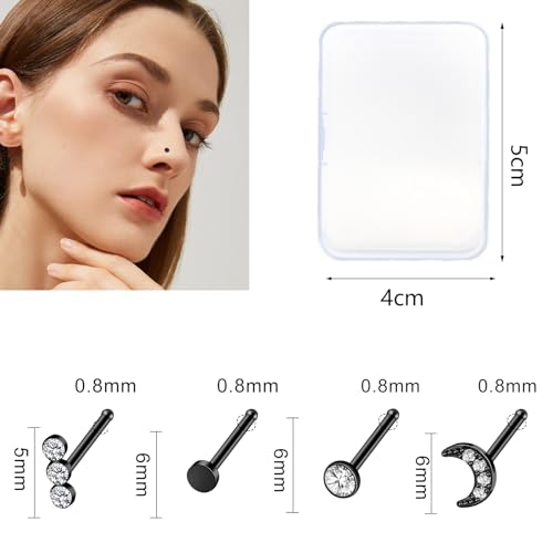 36-44 Pcs 18G 20G Nose Rings Studs Nose Rings for Women Nose Piercings Jewelry Surgical Stainless Steel Nose Studs Moon Star Heart Butterfly Hypoallergenic Body Piercing Jewelry for Women Men - color: 20G Black A-Straight- 44 Pcs