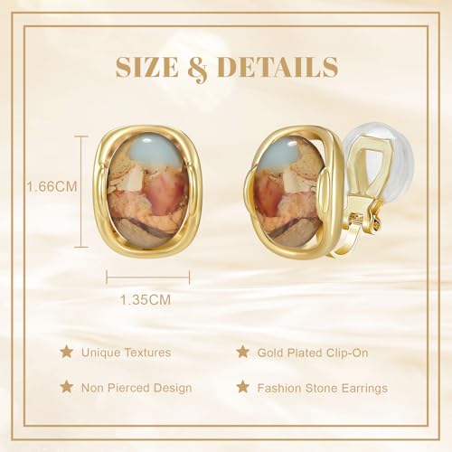 YOQUCOL Natural Stone Trendy Clip On Stud Earrings for Women Gold Plated Non Pierced Statement Earrings Fashion Jewelry - color: Oval-Brown