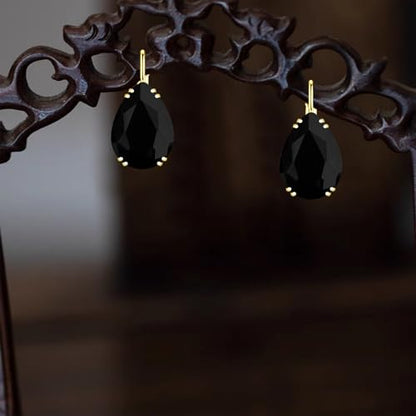 14K Gold Teardrop Crystal Leverback Earrings Sparkly Rhinestone Water Droplet Dangle Drop Earrings For Women - color: Black