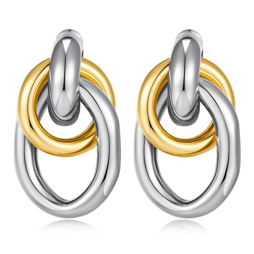 Gold Chunky Earrings for Women Geometric Knot Link Drop Dangle Earrings 14K Gold Plated Statement Earrings Trendy Gold Jewelry - color: Style 1-Two Tone