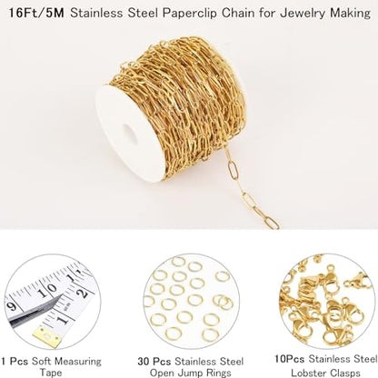16Ft Stainless Steel Paperclip Chain for Jewelry Making, 3.5mm Width Gold Plated Paper Clip Link Chains Roll for DIY Necklace Bracelet Jewelry Making Supplies with Lobster Clasps Soft Tape Measure - color: Paperclip 3.5mm Gold